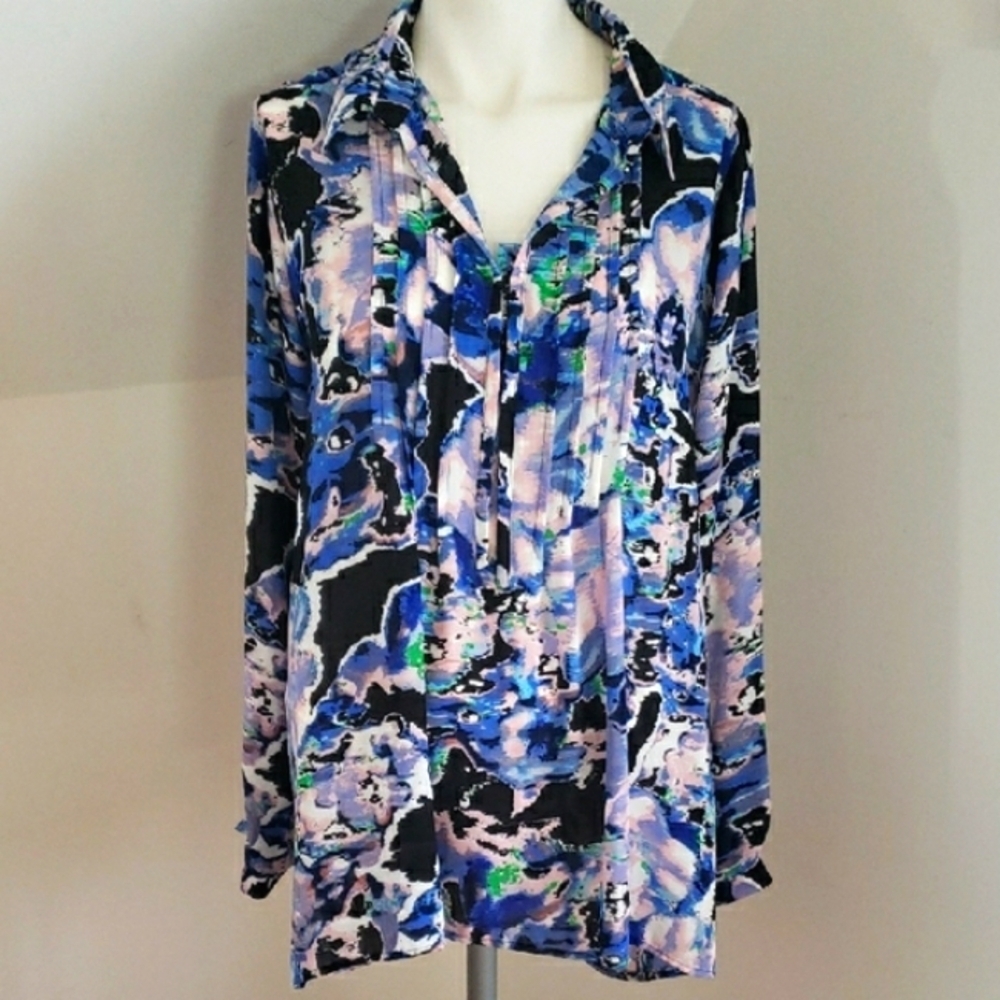 NY Collection Womens Blues Graphic Notched Collar Longsleeve Blouse Tunic, Sz M
